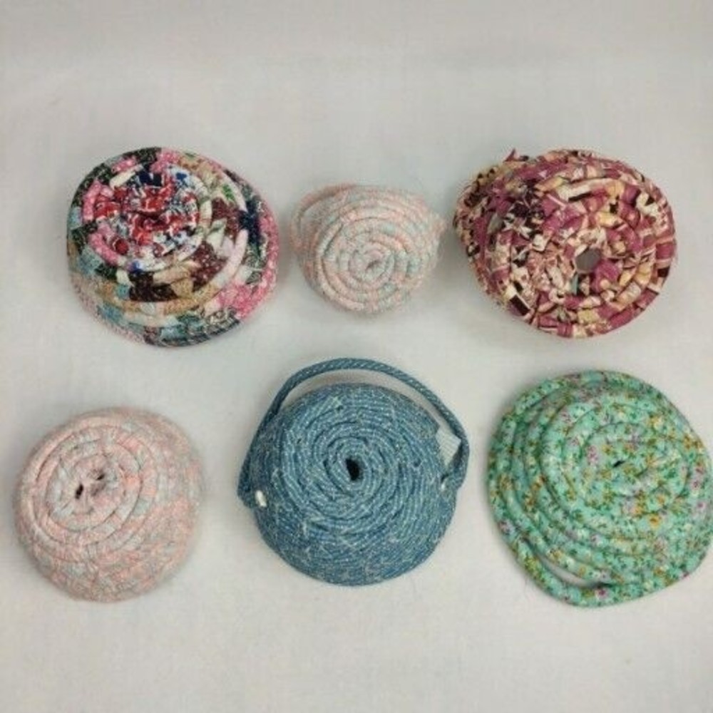 Lot Of 6 Vintage Handmade Fabric Rope Baskets Quilt Remnant Patterns BOJO - Picture 2 of 16
